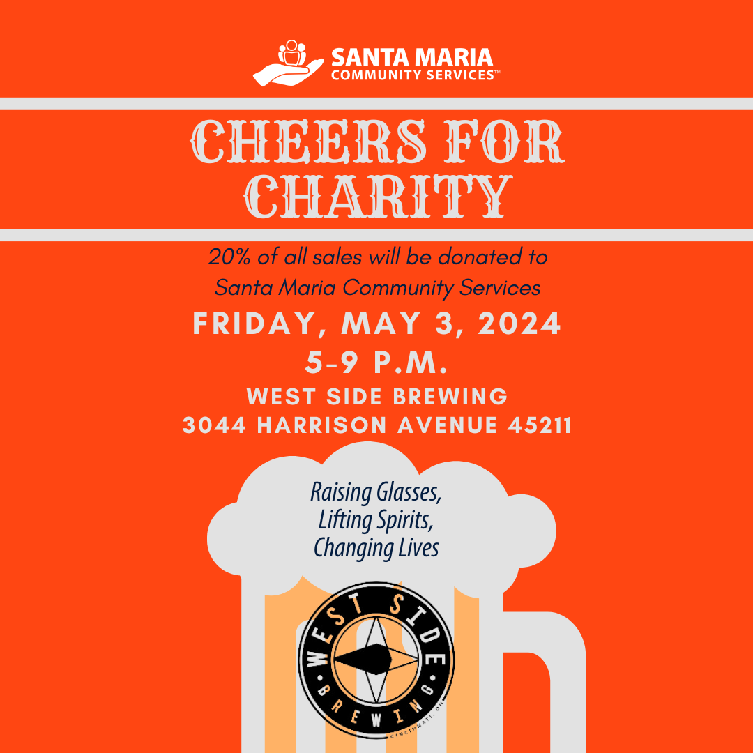 “Cheers for Charity” Fundraiser for Santa Maria at West Side Brewing – May 3 from 5-9 p.m.